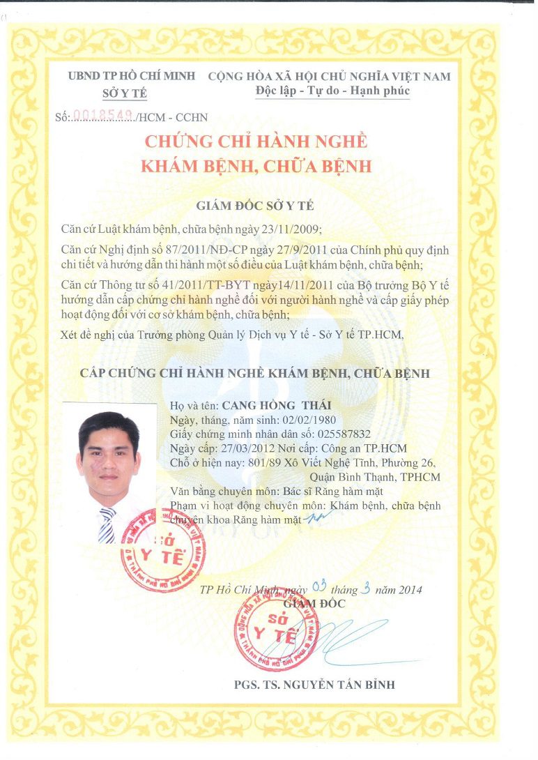 chứng chỉ hành nghề nha khoa bác sĩ cang hồng thái chứng chỉ hành nghề nha khoa bác sĩ cang hồng thái