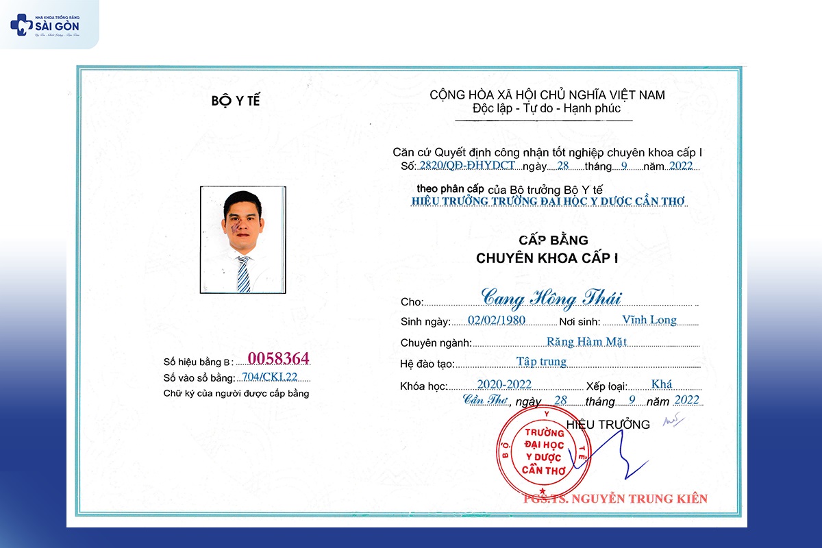 bang chuyen khoa 1 rang ham mat cang hong thai Bằng chuyên khoa 1 - Bác sĩ Cang Hồng Thái