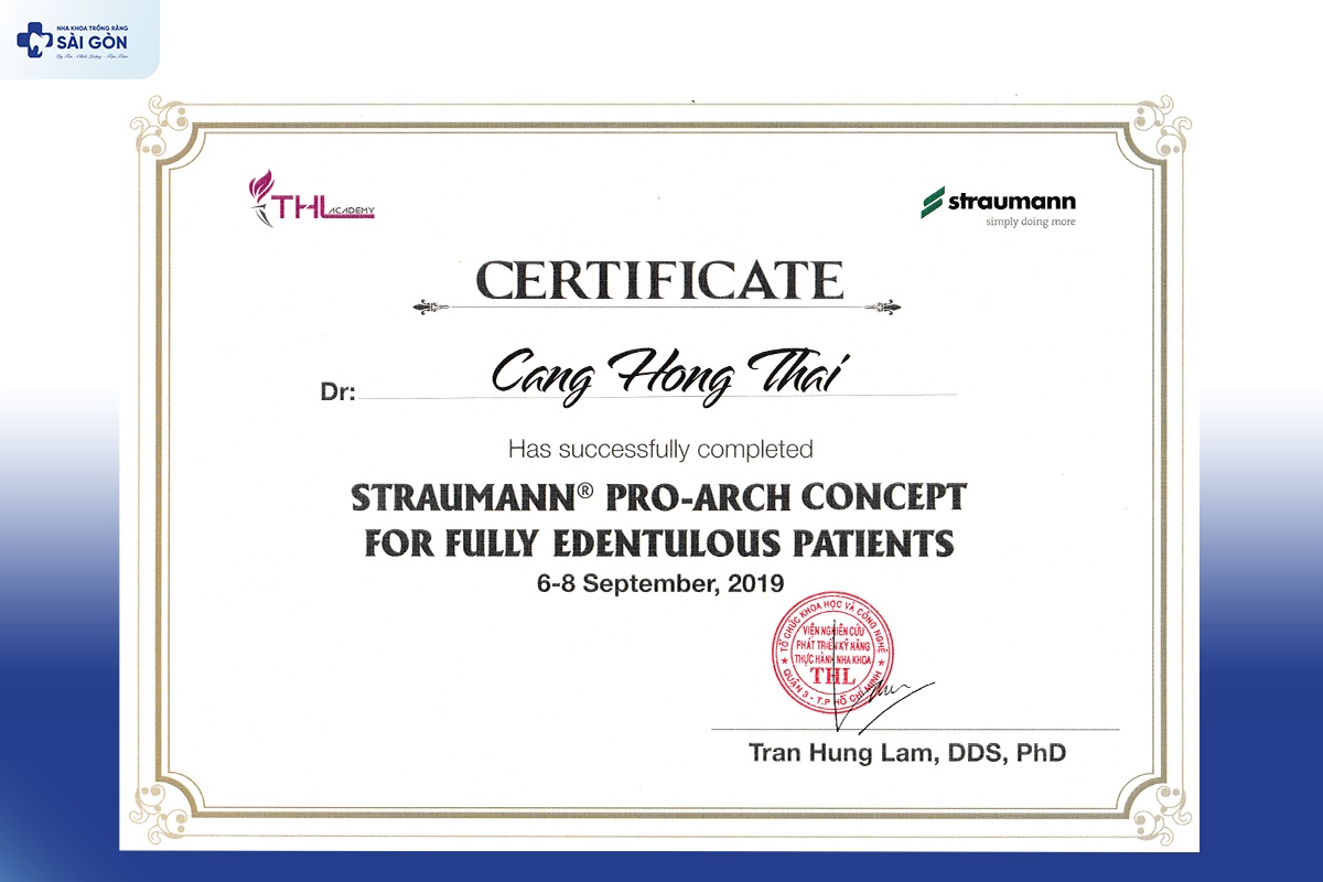 certificate straumann pro arch cang hong thai Chứng nhận hoàn tất khóa học của Tập đoàn Straumann (Thụy Sĩ)