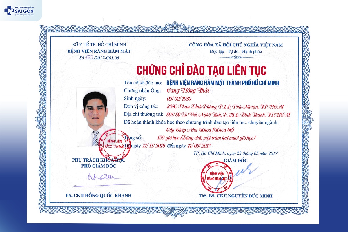 chung chi dao tao lien tuc cang hong thai Chứng chỉ đào tạo liên tục - Bệnh viện Răng Hàm Mặt TPHCM