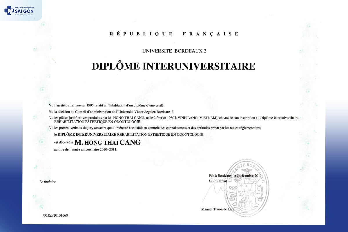 diploma dai hoc bordeaux cang hong thai Bằng tốt nghiệp khóa học chuyên sâu tại Đại học Bordeaux, Pháp