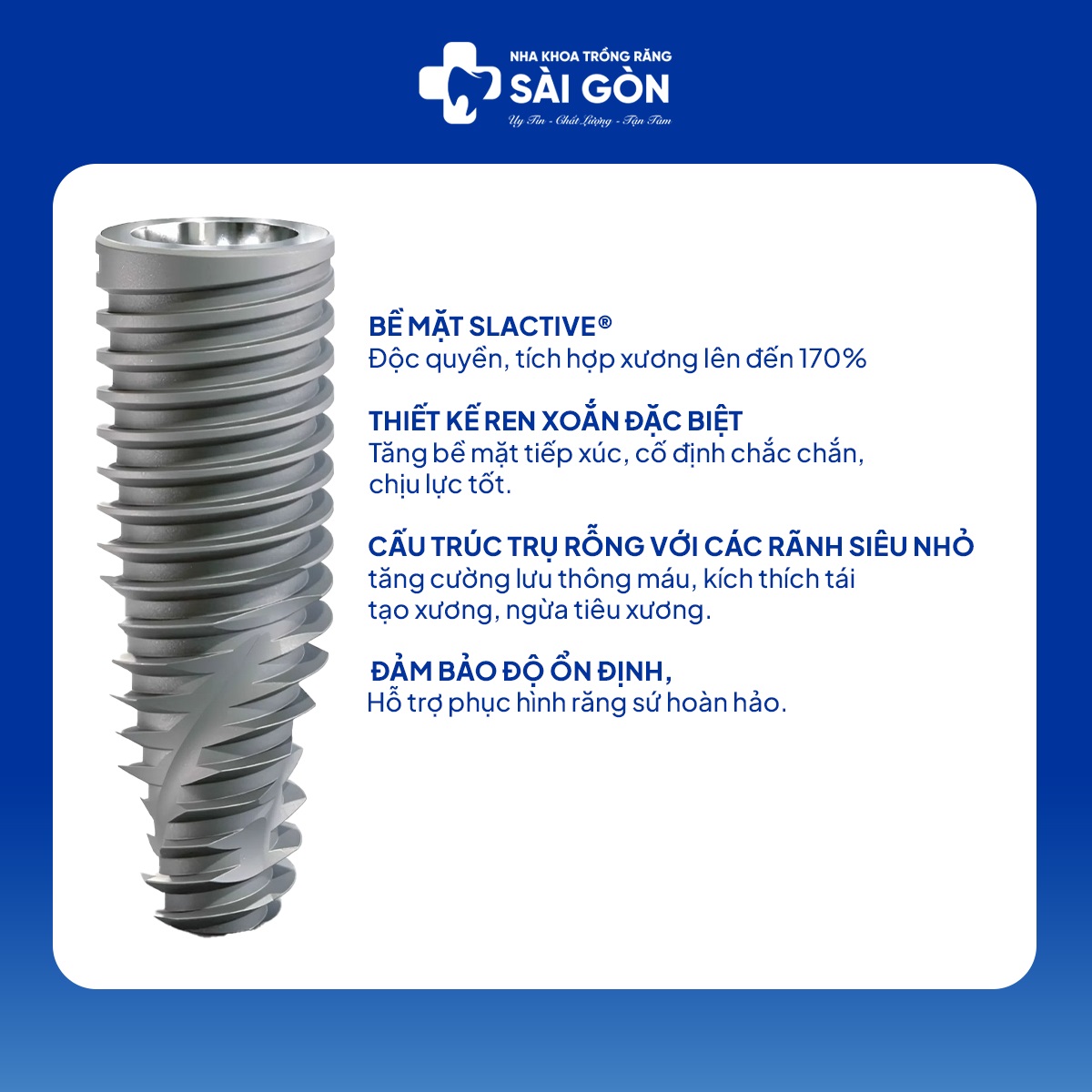 Trụ implant Neodent bề mặt Slactive độc quyền, tích hợp xương nhanh lên đến 170%